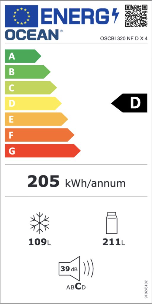 OCEAN Réfrigérateur Combiné 320L No Frost inox 60cm inverter