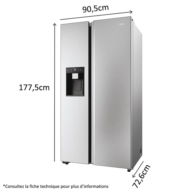 HAIER réfrigérateur side by side Pose Libre, No Frost, Lége Led, Classe E, New Platinum Inox