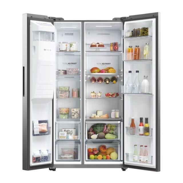 HAIER réfrigérateur side by side Pose Libre, No Frost, Lége Led, Classe E, New Platinum Inox