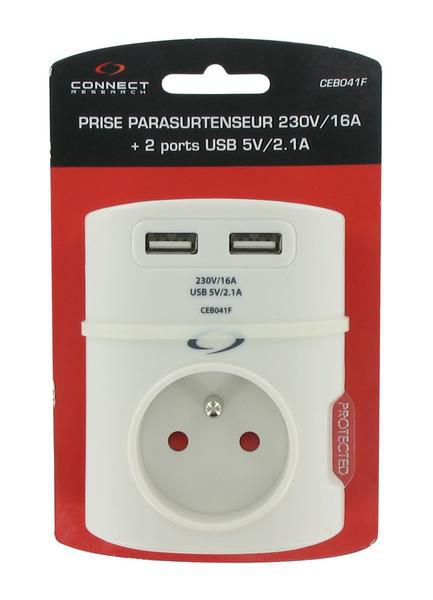 Alimentation - Prise Parasurtenseur 230V/16A Chargeur 2xUSB 5V/2.1A, 2100mA CEB041F