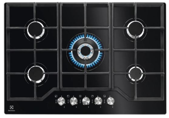 Plaque de cuisson verre noir 75cm 5 feux gaz ELECTROLUX