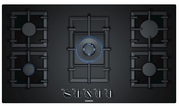 SIEMENS Plaque gaz 90 cm 5 feux - verre noir, fleur de pan