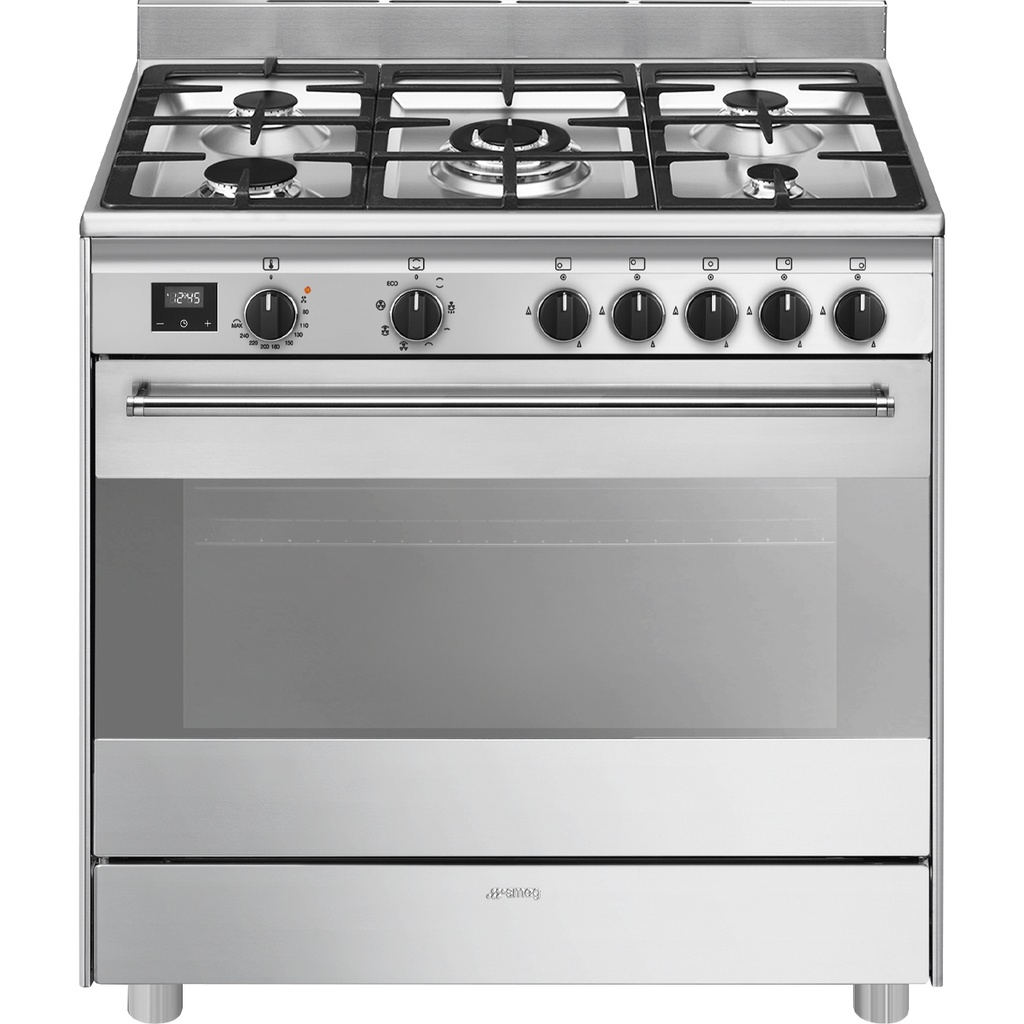 SMEG Centre de cuisson "Esthétique Concerto" manettes noires 90 cm - Plan de cuisson : 5 brûleurs gaz dont 1 ultra-rapide surpuissant 4 kW