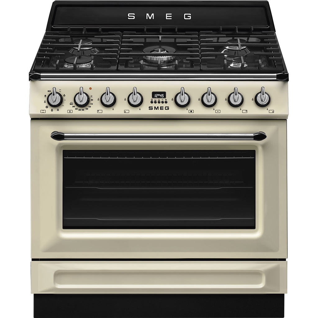 SMEG Piano de cuisson 90 cm Classe A - mixte (four électrique, plaque cuisson gaz) avec catalyse, esthétique Victoria, Crème
