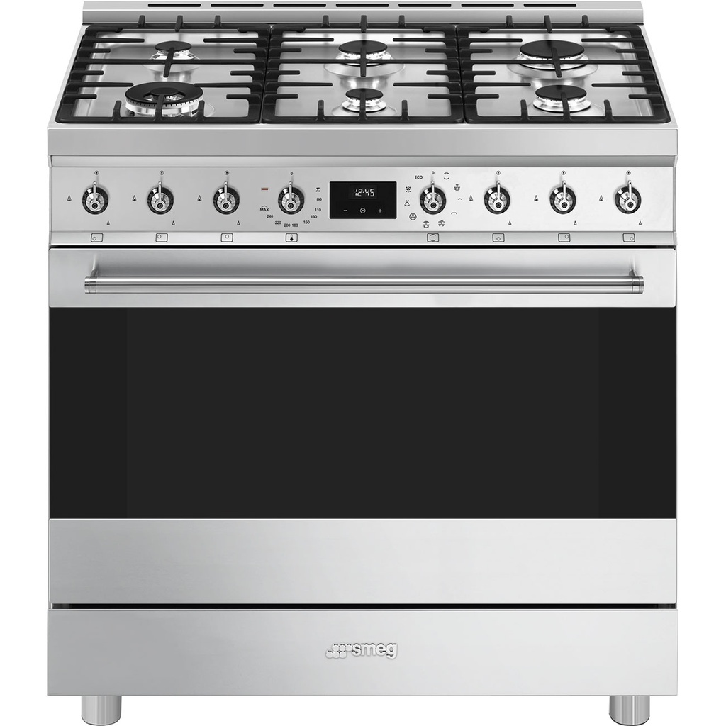 SMEG Piano de cuisson mixte (four électrique, plaque cuisson 6 feux gaz) 90x60 cm avec Vapor Clean - esthétique Classica Sinfonia