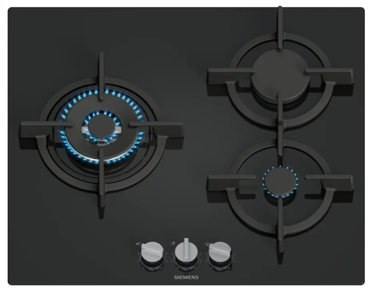 SIEMENS iQ500 Table gaz 60 cm 3 feux gaz Verre trempé, Noir - installation fleur de pan ou semi fleur
