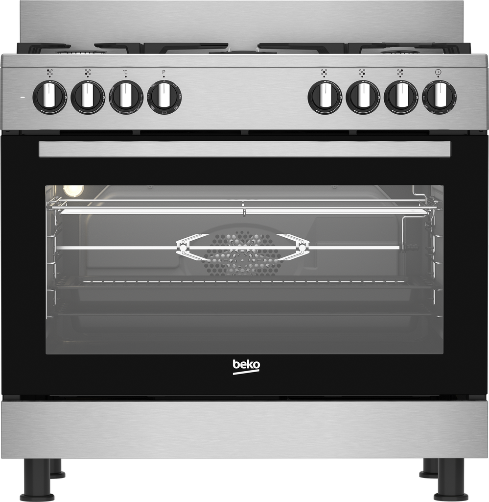 BEKO cuisinière mixte 90cm - plaque de cuisson 4 feux gaz dont 1 wok - Four électrique multifonction catalyse, tournebroche