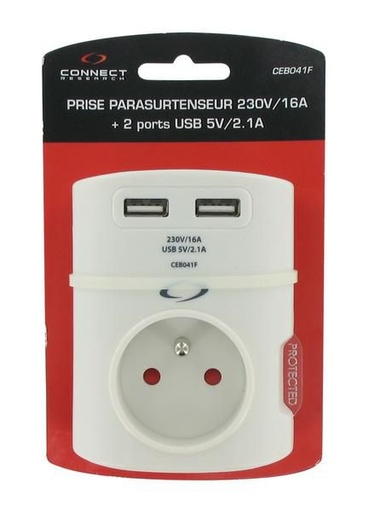 [CEB041F] Prise Parasurtenseur 230V/16A Chargeur 2xUSB 5V/2.1A - 2100mA   CEB041F
