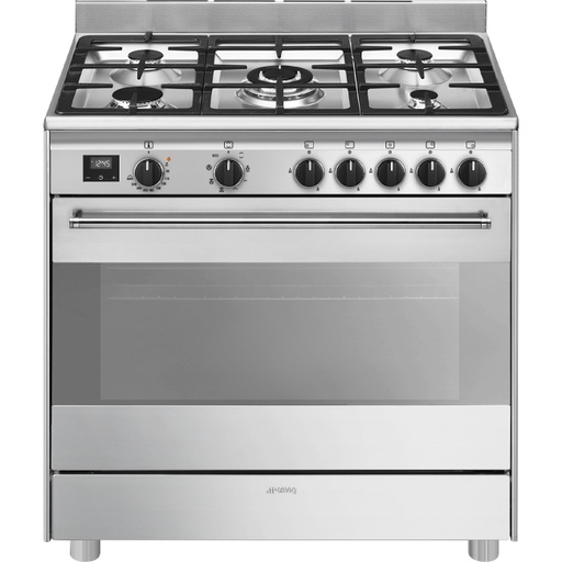 [BG91X2] SMEG Centre de cuisson "Esthétique Concerto" manettes noires 90 cm - Plan de cuisson : 5 brûleurs gaz dont 1 ultra-rapide surpuissant 4 kW
