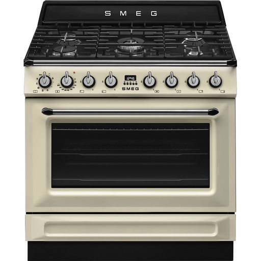 [TR90GMP] SMEG Piano de cuisson mixte (four électrique, plaque cuisson gaz) 90x60 cm avec catalyse - esthétique Victoria, Crème