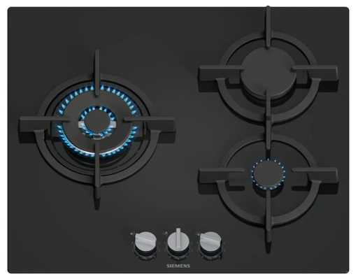 [EP6A6CI10] SIEMENS iQ500 Table gaz 60 cm 3 feux gaz Verre trempé, Noir - installation fleur de pan ou semi fleur